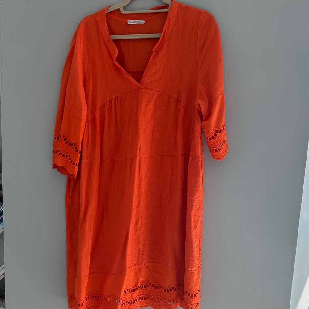 Elegant Orange Midi Dress with Lace Detail
